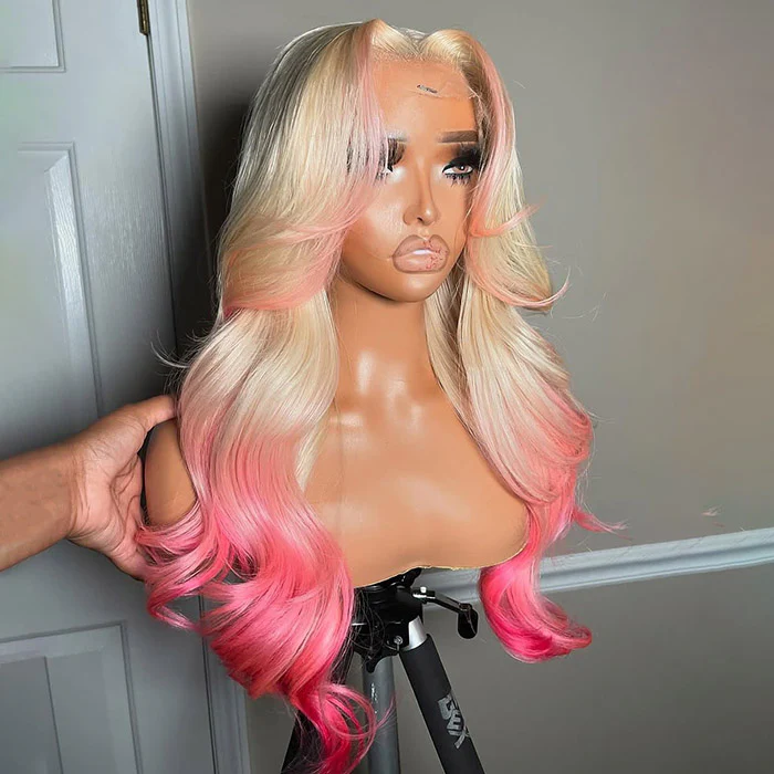 Pink Color on 613 Honey Blonde Curtain Bangs Skunk Stripe Ombre Body Wave HD Lace Wig 180% Density - Image 3