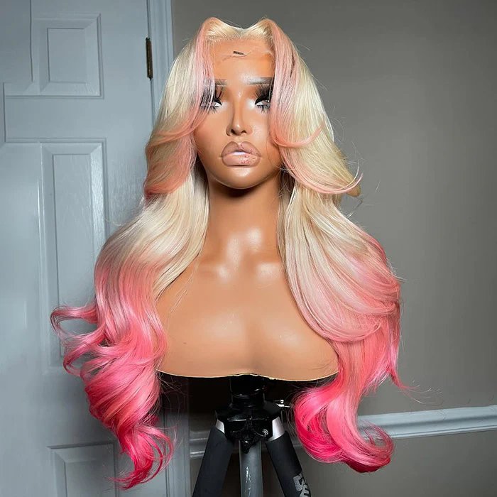 Pink Color on 613 Honey Blonde Curtain Bangs Skunk Stripe Ombre Body Wave HD Lace Wig 180% Density - Image 4