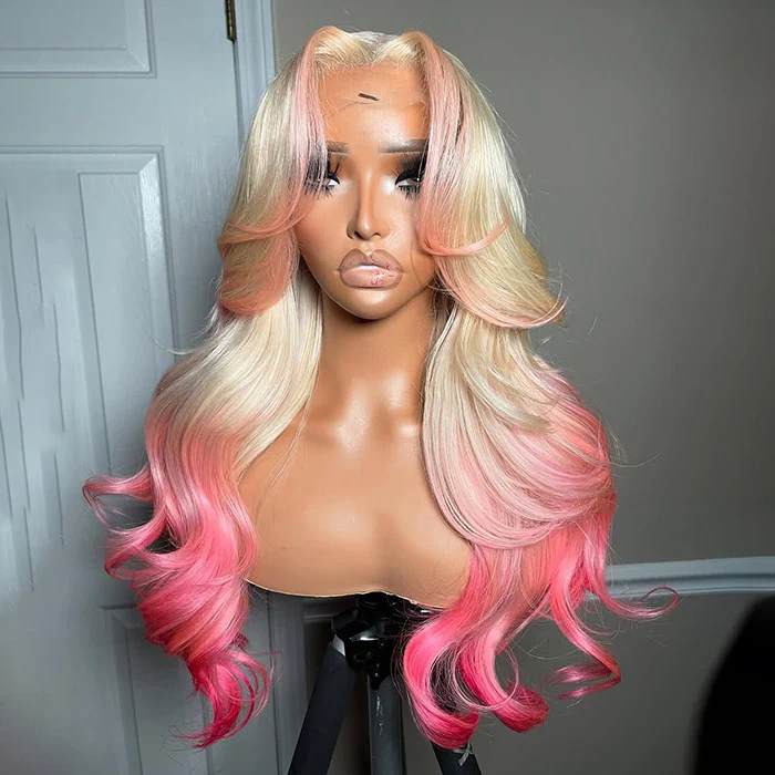 Pink Color on 613 Honey Blonde Curtain Bangs Skunk Stripe Ombre Body Wave HD Lace Wig 180% Density - Image 5