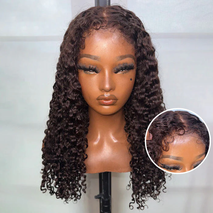 Chocolate Brown 4C Hairline Kinky Edges Deep Wave Glueless Human Hair Wig with Bleached Knots - Image 3