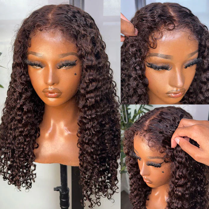 Chocolate Brown 4C Hairline Kinky Edges Deep Wave Glueless Human Hair Wig with Bleached Knots - Image 4