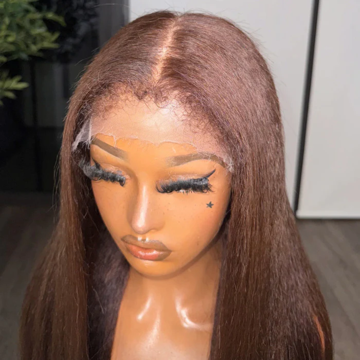 Chocolate Brown Glueless Straight Lace Front Wig Natural 4C Hairline Kinky Edges Human Hair - Image 3