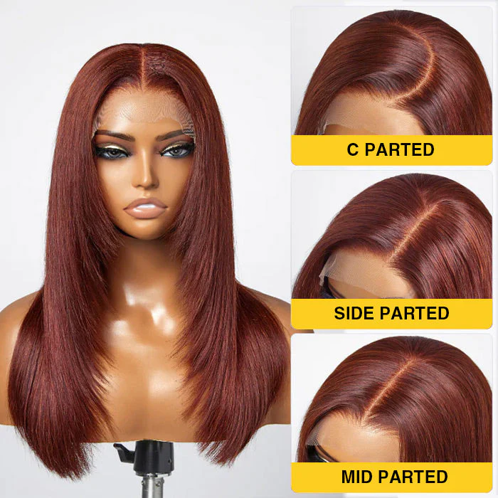 Reddish Brown Straight Layered Cut 13x4/13x6 Lace Front Wig #33 Auburn Color Human Hair Wigs - Image 4