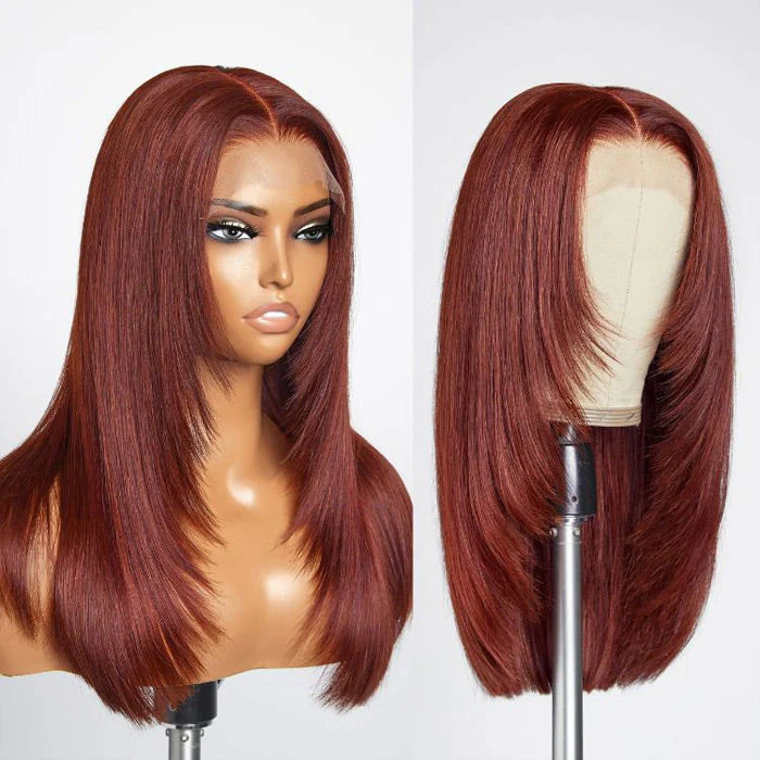 Reddish Brown Straight Layered Cut 13x4/13x6 Lace Front Wig #33 Auburn Color Human Hair Wigs - Image 5