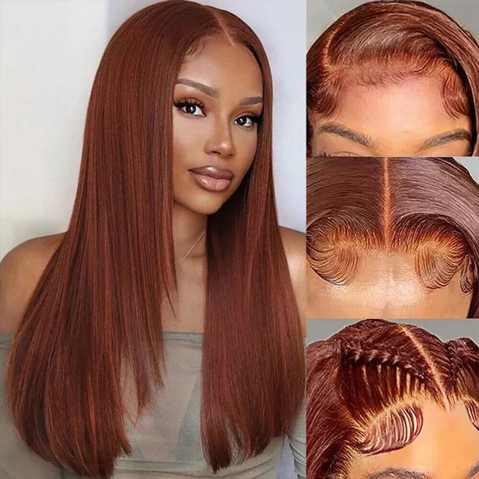 Reddish Brown Straight Layered Cut 13x4/13x6 Lace Front Wig #33 Auburn Color Human Hair Wigs - Image 6