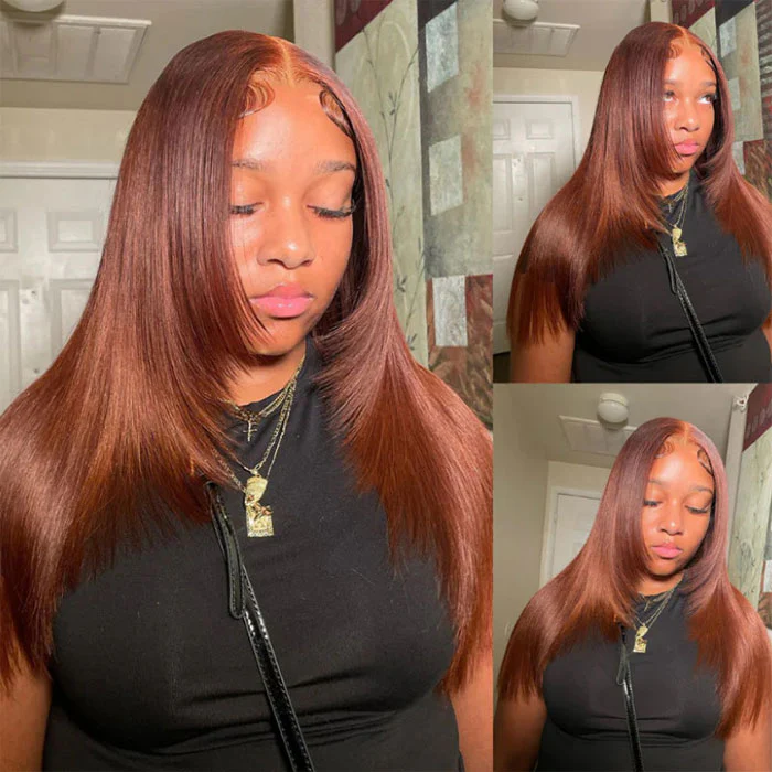 Reddish Brown Straight Layered Cut 13x4/13x6 Lace Front Wig #33 Auburn Color Human Hair Wigs - Image 8