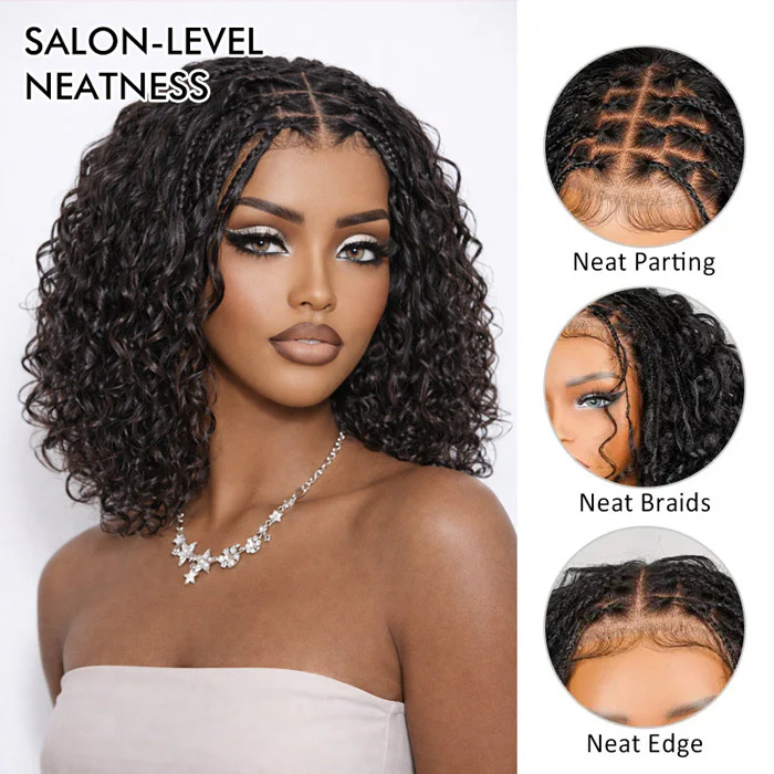 Short Boho Braids with Human Hair Curls Glueless Bob Wig Drawstring 13x6 HD Full Lace Frontal Wig - Image 3