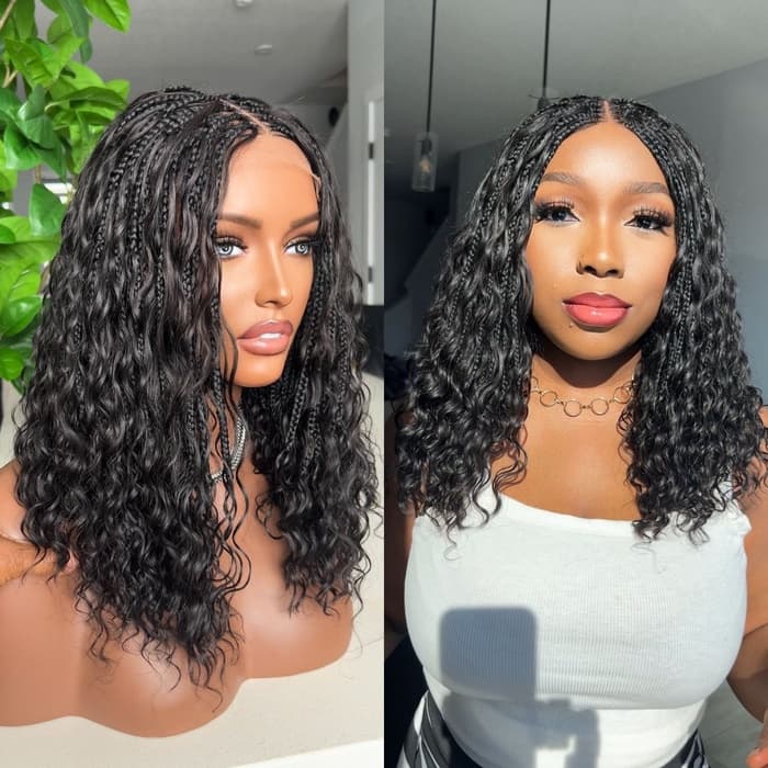 Short Boho Braids with Human Hair Curls Glueless Bob Wig Drawstring 13x6 HD Full Lace Frontal Wig - Image 4