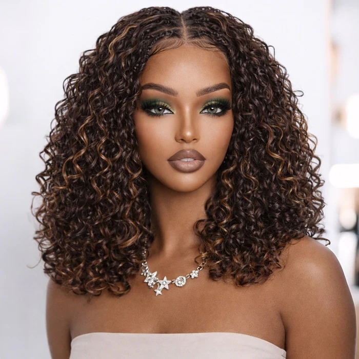 Short Boho Braids with Human Hair Curls Glueless Bob Wig Drawstring 13x6 HD Full Lace Frontal Wig - Image 5