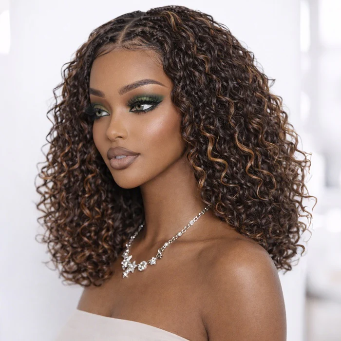 Short Boho Braids with Human Hair Curls Glueless Bob Wig Drawstring 13x6 HD Full Lace Frontal Wig - Image 6