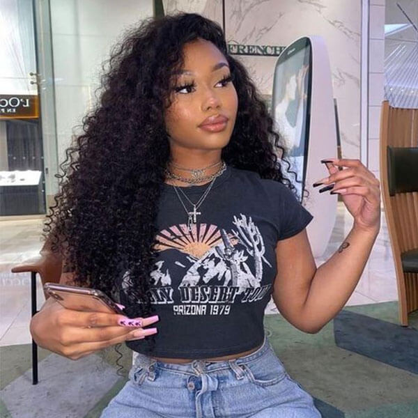 Subella 4x4 HD Transparent Lace Closure Human Hair Curly Wigs Pre Plucked Natural Black Color 180% Density - Image 3