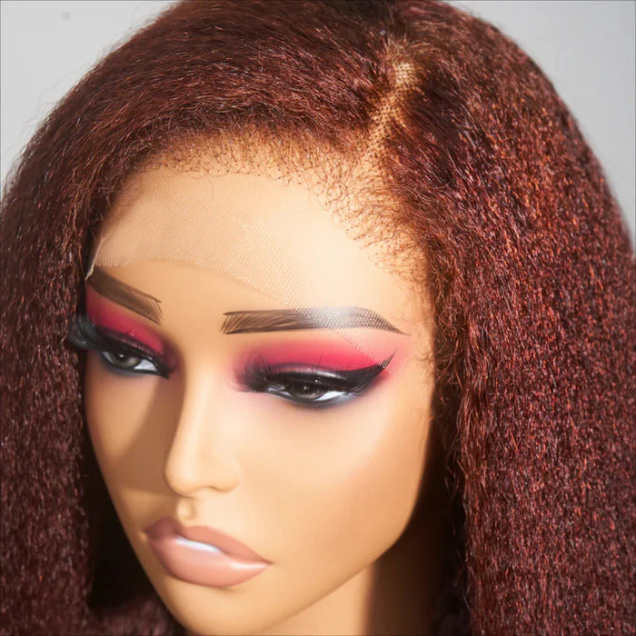 Type 4C Edges Reddish Brown Kinky Straight HD Lace Front Wig Glueless Yaki Human Hair Wigs - Image 3