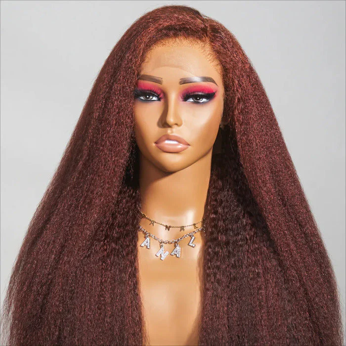 Type 4C Edges Reddish Brown Kinky Straight HD Lace Front Wig Glueless Yaki Human Hair Wigs - Image 4