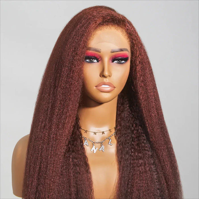 Type 4C Edges Reddish Brown Kinky Straight HD Lace Front Wig Glueless Yaki Human Hair Wigs - Image 5