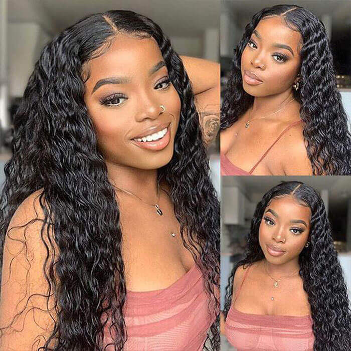 Water Wave HD Transparent 4x4 Lace Closure Wig Natural Black 180% Density Human Hair Wigs - Image 3